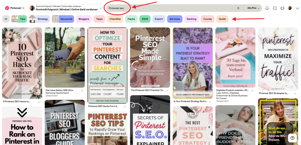 Pinterest SEO 2026 zeigt dir, wie du die richtigen Keywords für Pinterest und Google findest, mehr Klicks auf deinen Blog holst und deine Inhalte gezielt sichtbarer machst.
