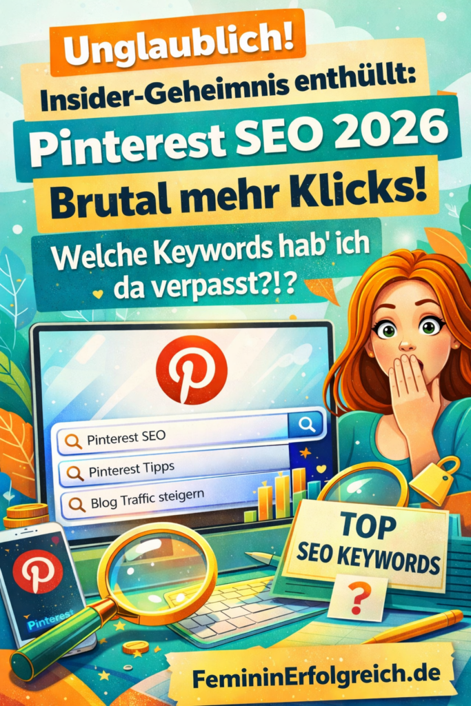 Pinterest SEO 2026 zeigt dir, wie du die richtigen Keywords für Pinterest und Google findest, mehr Klicks auf deinen Blog holst und deine Inhalte gezielt sichtbarer machst.