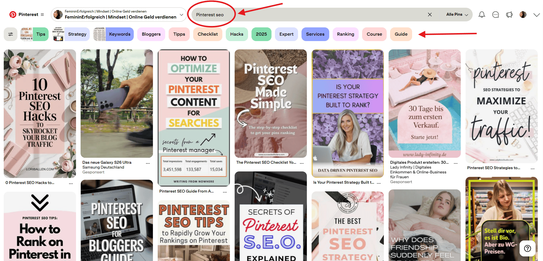 Pinterest SEO 2026 Keyword Recherche über die Pinterest Suchleiste