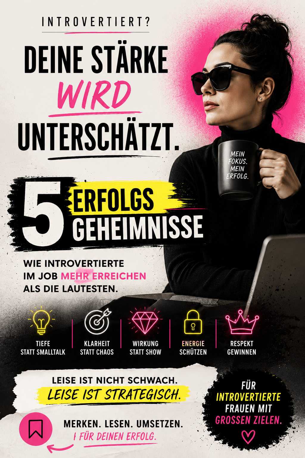 Pinterest Pin: Introvertierte Stärke, leise zum Erfolg mit fünf Erfolgsgeheimnissen für introvertierte Frauen im Job